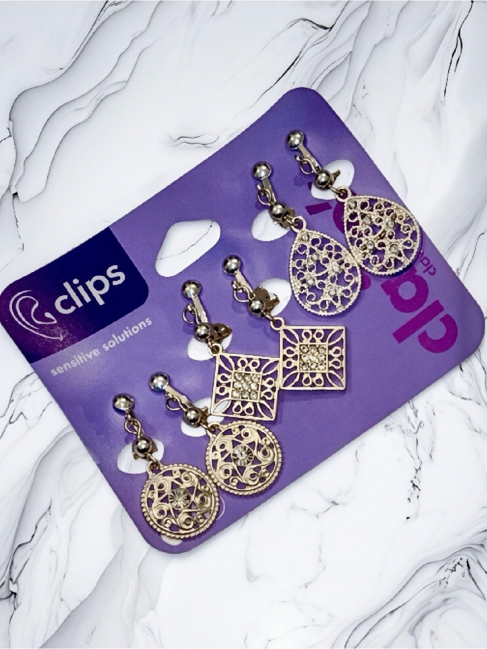 Silver Tone Filigree Clip On Dangle Earrings Trio